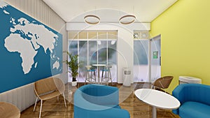 Office breakout space or casual co working space 3d rendering