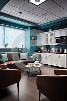 office breakroom with coffee machine, snacks, and cozy seating arrangement photo