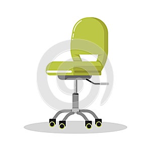 Office bright green chair with casters. Desk height adjustable armchair. Side view.