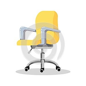 Office bright yellow chair with casters. Desk height adjustable armchair. Side view.