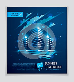 Office building brochure, modern architecture vector flyer with blurred lights and glares effect. Real estate business center blue