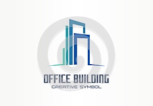 Office building creative symbol concept. Finance center, city downtown, street skyline abstract business logo. Modern