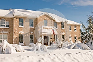 Office building in deep winter snow