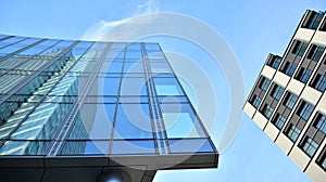 Office building, details of blue glass wall and sun reflections.