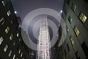 Office building in heavy fog