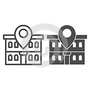 Office building and map pin line and solid icon, Coworking concept, Building on map sign on white background, Office
