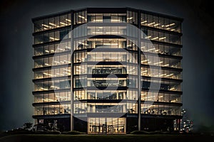 Office building at night with glass windows, front view, Generative AI