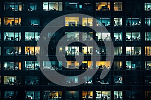 Office building at night with illuminated windows. Neural network AI generated