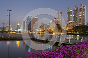 Office building night view in public park