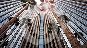 An Office Building Reflects Itself and Palms