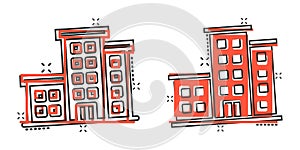 Office building sign icon in comic style. Apartment cartoon vector illustration on isolated background. Architecture splash effect
