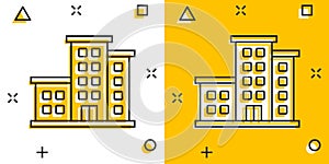 Office building sign icon in comic style. Apartment cartoon vector illustration on isolated background. Architecture splash effect