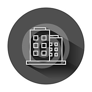 Office building sign icon in flat style. Apartment vector illustration on black round background with long shadow. Architecture