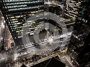 Office building still operate at very late night with many office worker doing part time work. Salary man overworking issue