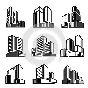 Office buildings, houses line and bold icons set isolated on white. Business district, downtown area.