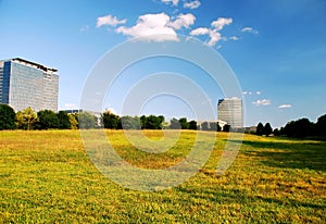 Office buildings and open field