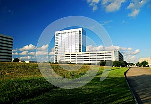 Office buildings and open field