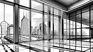 Office bulding interior with large window and the city behind