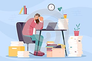 Office bureaucracy and employee overload, frustrated tired woman working overtime