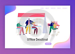 Office Business Manager Work Overtime at Deadline Landing Page. Stress Character Complete Task under Hard Boss Pressure