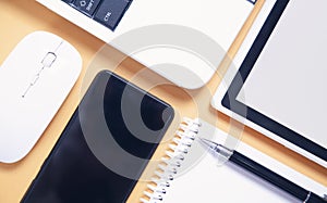 Office business objects. Smartphone, tablet, pen, notepad, computer mouse and keyboard