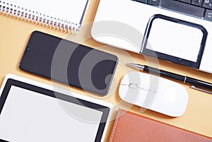 Office business objects. Smartphone, tablet, pen, notepad, computer mouse and keyboard