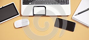 Office business objects. Tablet, pen, notepad, computer mouse and keyboard
