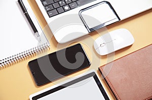 Office business objects. Tablet, pen, notepad, computer mouse and keyboard