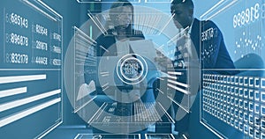 In office, business professionals analyzing data with digital interface overlay