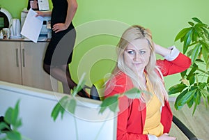 Office business rest work dreamy woman preens