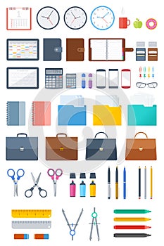 Office, business supply and stationery flat vector icon set.