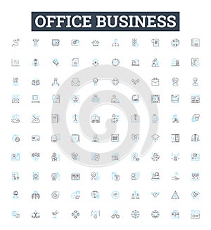 Office business vector line icons set. Office, Business, Workplace, Desk, Stationery, Documents, Printer illustration