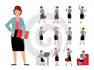 Office business woman character. Female manager working, talk phone and thinking. Girl doubt and find problem solution