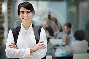 Office, businesswoman and pride with smile in portrait with arms crossed at cpa firm for trust. Worker, accountant and