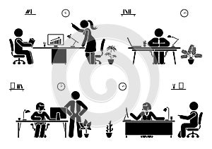 Office busy working stick figure man and woman vector icon set. Teamwork, solution, communication, supervisor pictogram.