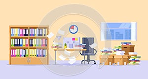 Office cabinet with piles of paper documents, files and folders. Deadline, bureaucracy and paperwork vector illustration