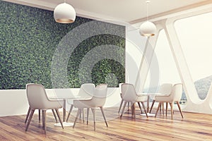 Office cafe interior, grass wall side toned