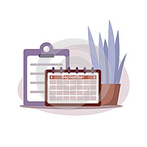 Office calendar icon with check list and flower in pot