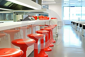 office canteen area with bright red stools and empty white counters