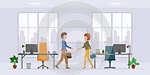 Office cartoon character male, female hands shaking vector illustration set. Man,  woman business partners meeting, saying hello