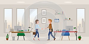 Office cartoon character man, woman hands shaking in workplace vector set. Male, female business partners meeting in room