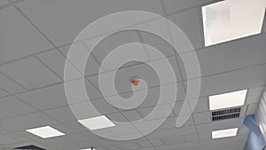 Office Ceiling Installation with Modern Lighting System and Security Sensor