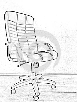 Office chair, black and white drawing, close-up, photo processing