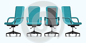 Office chair or desk chair in various points of view. Armchair or stool in front, back, side angles. Blue furniture for Interior