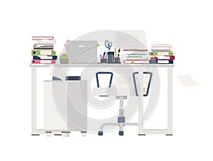 Office chair and desk completely covered with documents, folders, stationery. Table cluttered with papers. Working place