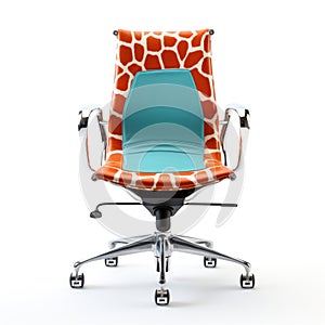 Office chair with orange and blue giraffe print, AI