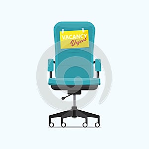 Office chair and a sign vacant with VACANCY URGENT message in front view. Business hiring and recruiting concept. Blue chair.