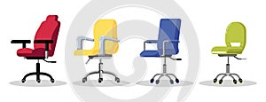 Office chairs with casters. Desk height adjustable armchair. Side view.