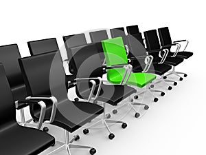 Office Chairs in a Row with Green Chair