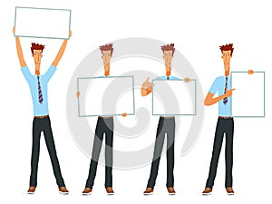 An Office Character. Cute funny guy shows a sign. A set of different poses